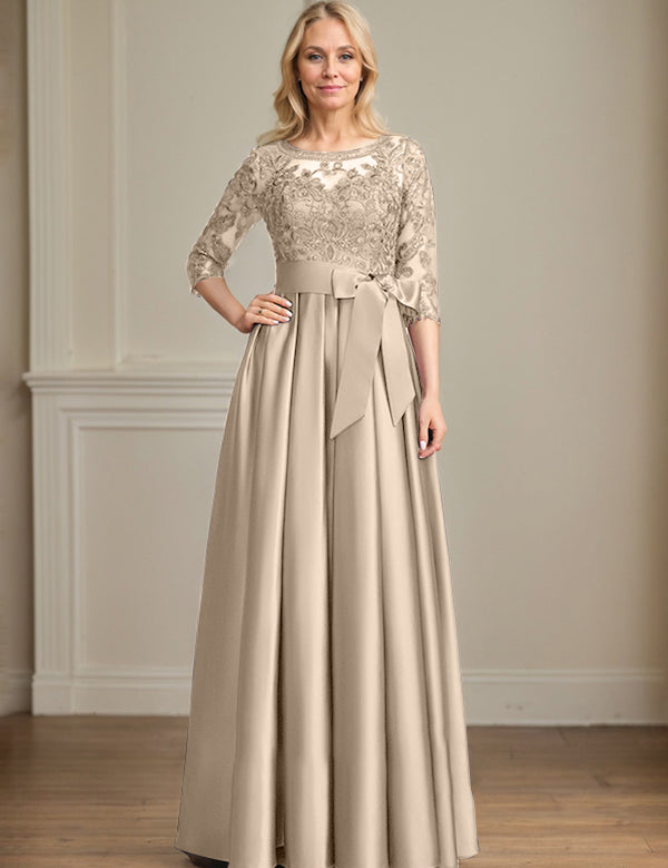 A-line Scoop Illusion Floor-Length Satin Lace Mother of the Bride Dress With Sequins Bow