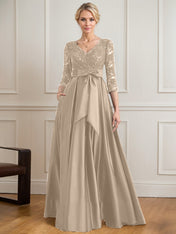 A-line V-Neck Floor-Length Satin Lace Mother of the Bride Dress With Sequins Bow