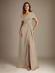 A-Line Asymmetrical Neckline Floor-Length Satin Mother of the Bride Dress With Pleated