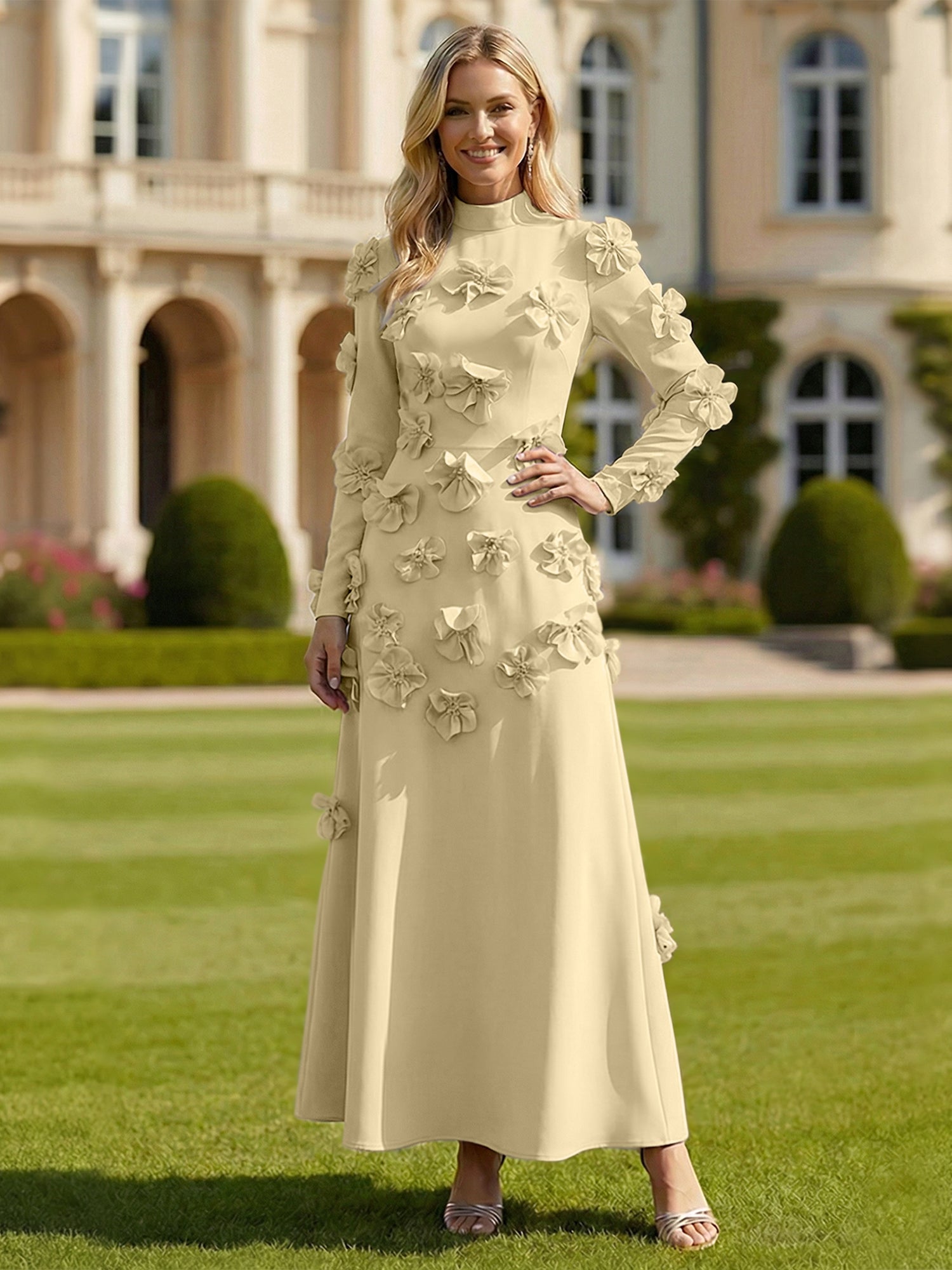 A Line High Neck Long Sleeves Stretch Crepe Dress With 3D Flowers