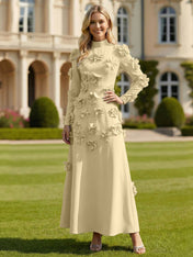 A Line High Neck Long Sleeves Stretch Crepe Dress With 3D Flowers