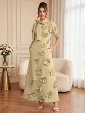 Pink Short Sleeve 3D Floral Maxi Dress Gown