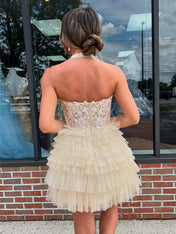 Champagne A-Line Halter Short Tulle Homecoming Dress With Appliques