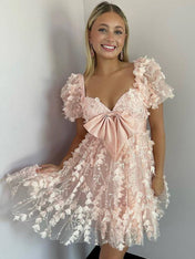 Champagne_A-Line_Puff_Sleeves_Short_Tulle_Homecoming_Dress_With_Bowknot