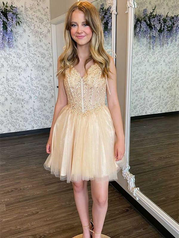 Champagne A-Line V-Neck Short Homecoming Dress With Appliques