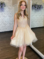 Champagne A-Line V-Neck Short Homecoming Dress With Appliques