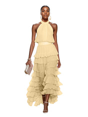 Dreamylily Women A Line Pink Chiffon Halter Neck Sleeveless Ankle Length Dress With Cascading Ruffles Dreamylily Women A Line Pink Chiffon Halter Neck Sleeveless Ankle Length Dress With Cascading Ruffles