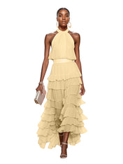 A Line Pink Chiffon Halter Neck Sleeveless Ankle Length Dress With Cascading Ruffles