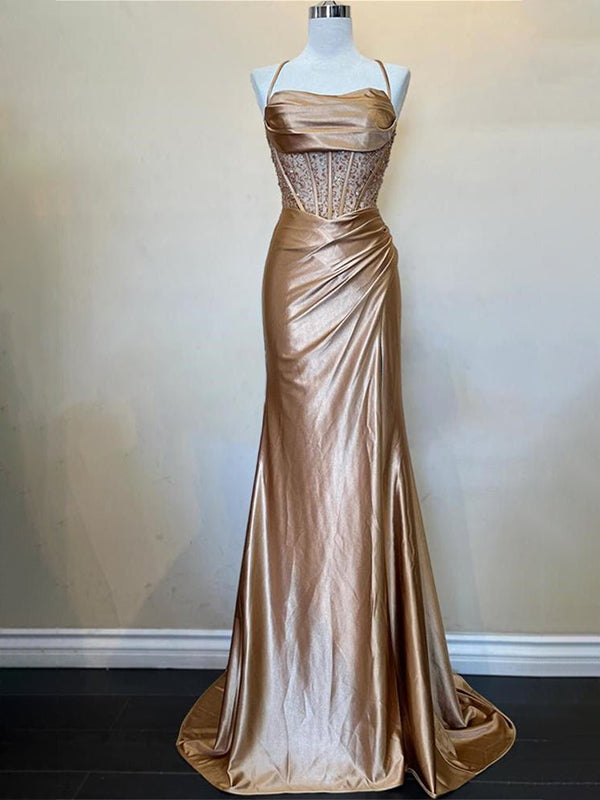 Yellow Mermaid Scoop Neck Satin Long Prom Dress with Slit