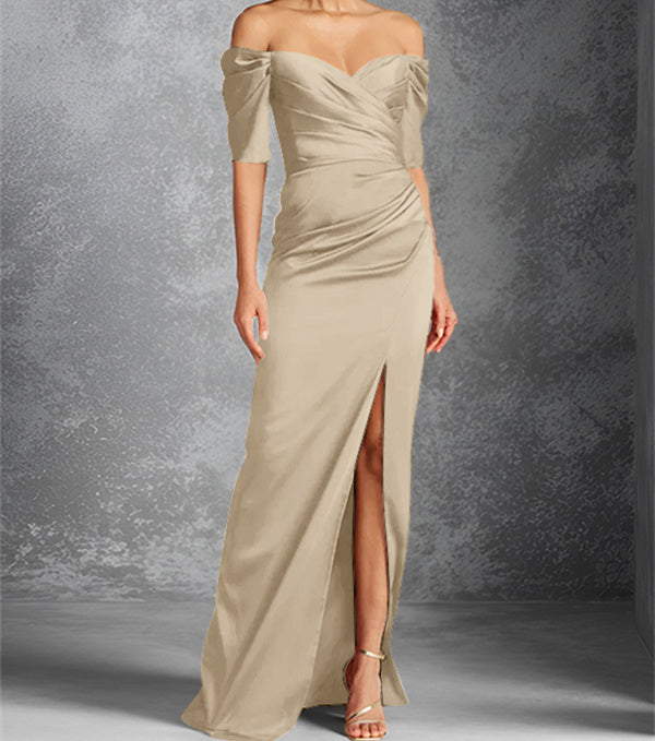 Column Off-the-Shoulder Short Sleeves Floor-Length Mother of the Bride Dresses With Split Front