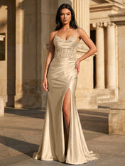 Sky Blue Satin Corset Long Prom Dress with Draped Neckline