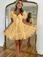 A-Line Puff Sleeves Short Tulle Homecoming Dress With Bowknot