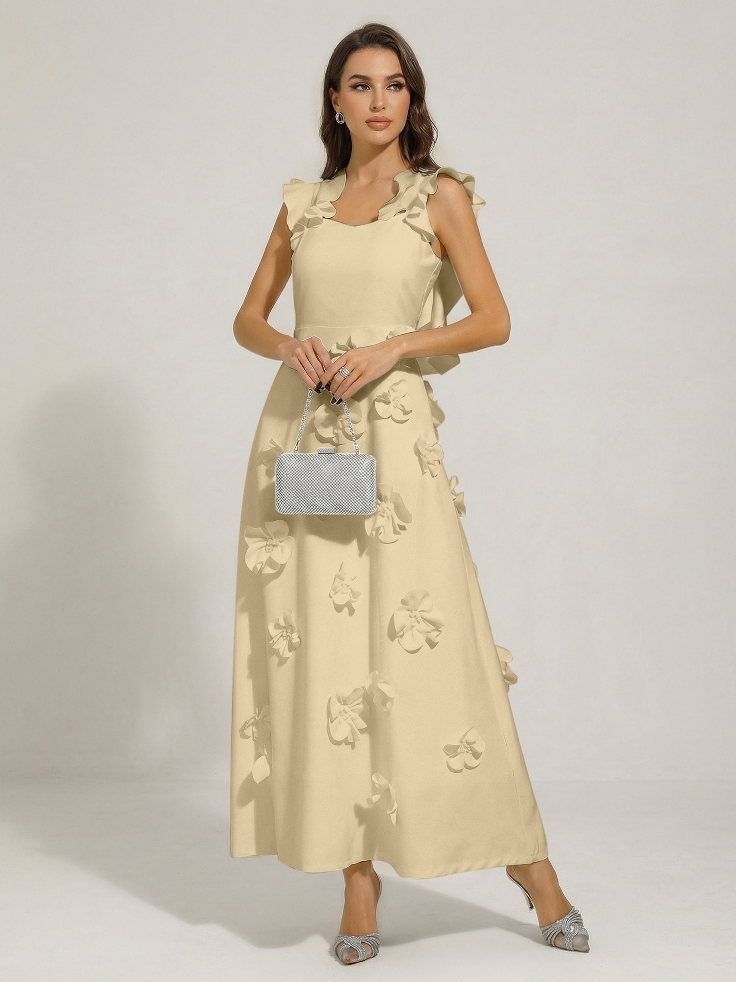 Chic White 3D Flowers A-Line Floor Length Stretch Crepe Dress with Pockets Maxi Dress