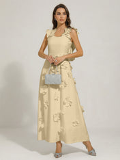 Chic White 3D Flowers A-Line Floor Length Stretch Crepe Dress with Pockets Maxi Dress