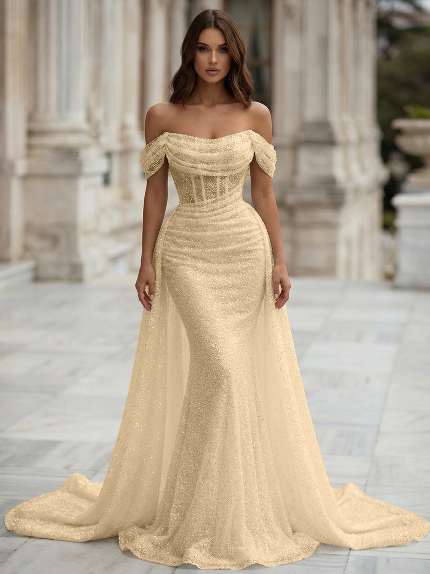 White Sequin Corset Mermaid Prom Dress with Overskirt