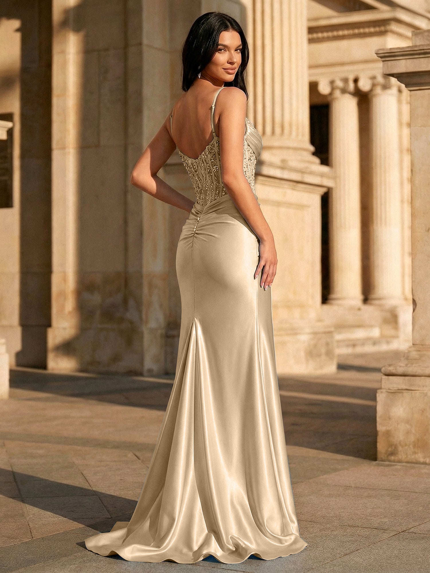 Sky Blue Satin Corset Long Prom Dress with Draped Neckline