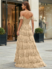 Royal Blue Off-the-Shoulder Sequin Lace Tiered Corset Prom Dress