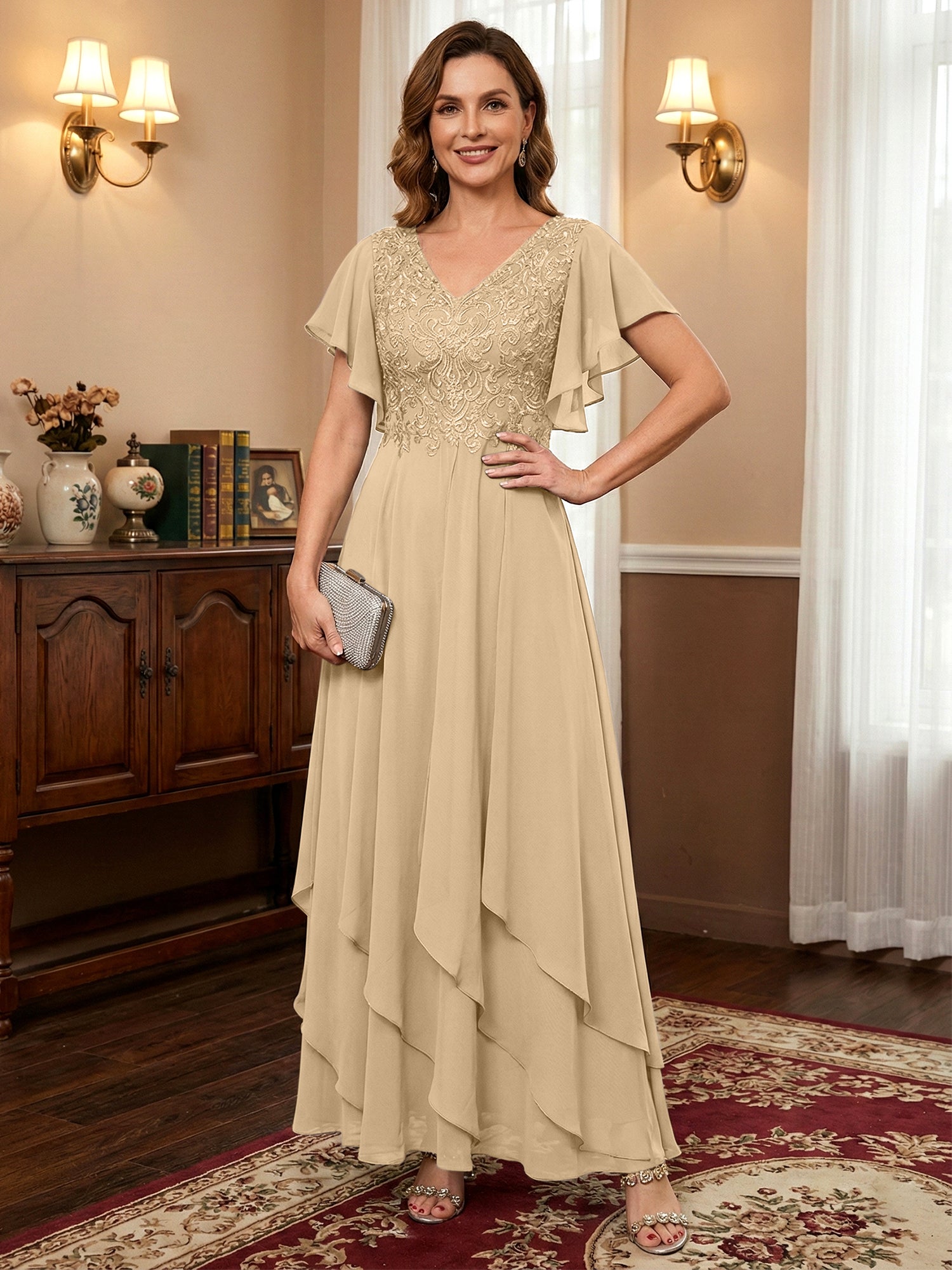 A-line V-Neck Ankle-Length Lace Chiffon Mother of the Bride Dress With Cascading Ruffles