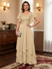A-line V-Neck Ankle-Length Lace Chiffon Mother of the Bride Dress With Cascading Ruffles