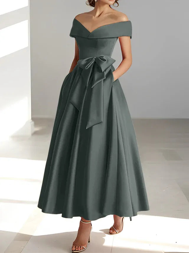 Robe de mère de la mariée coupe A-Line/Princesse, épaules dénudées, sans manches, longueur cheville, avec poches 