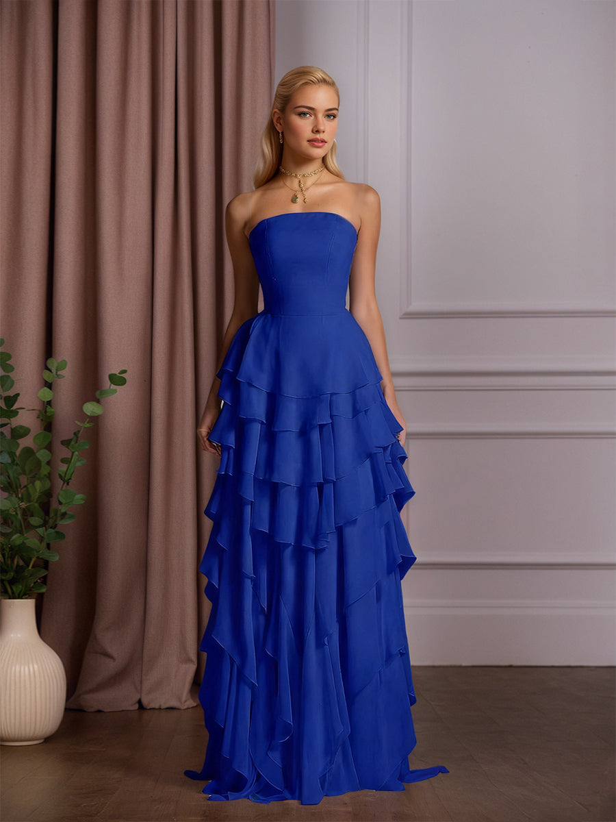 Elegant Strapless Sleeveless Ruffles Long Evening Dress