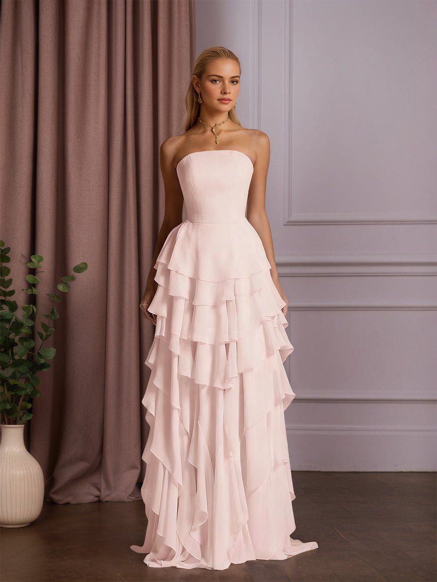 Elegant Strapless Sleeveless Ruffles Long Evening Dress