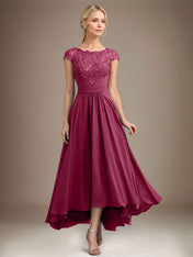 A-line Scoop Illusion Asymmetrical Lace Chiffon Mother of the Bride Dress With Pleated