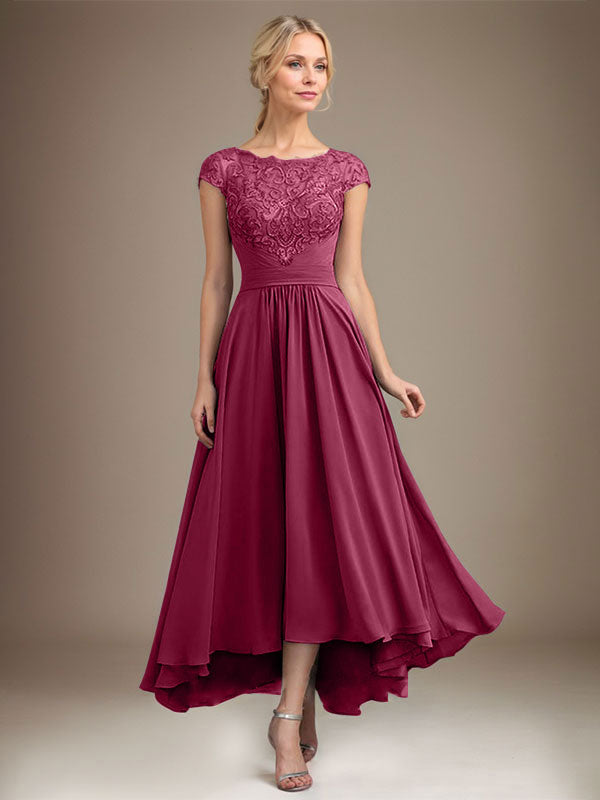 A-line Scoop Illusion Asymmetrical Lace Chiffon Mother of the Bride Dress With Pleated
