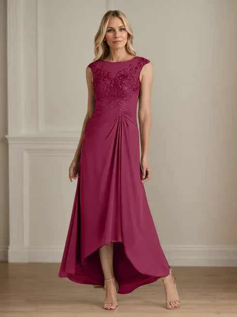 Champagne A-Line Scoop Lace Chiffon Dress