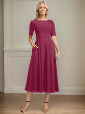 A-line Scoop Tea-Length Chiffon Mother of the Bride Dress With Appliques Lace Sequins