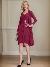 Sheath/Column Sweetheart Knee-Length Chiffon Mother of the Bride Dress With Beading Appliques Lace Sequins Pleated