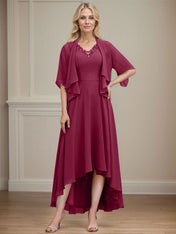 A-line V-Neck Asymmetrical Chiffon Mother of the Bride Dress With Beading Sequins