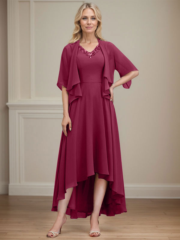 A-line V-Neck Asymmetrical Chiffon Mother of the Bride Dress With Beading Sequins