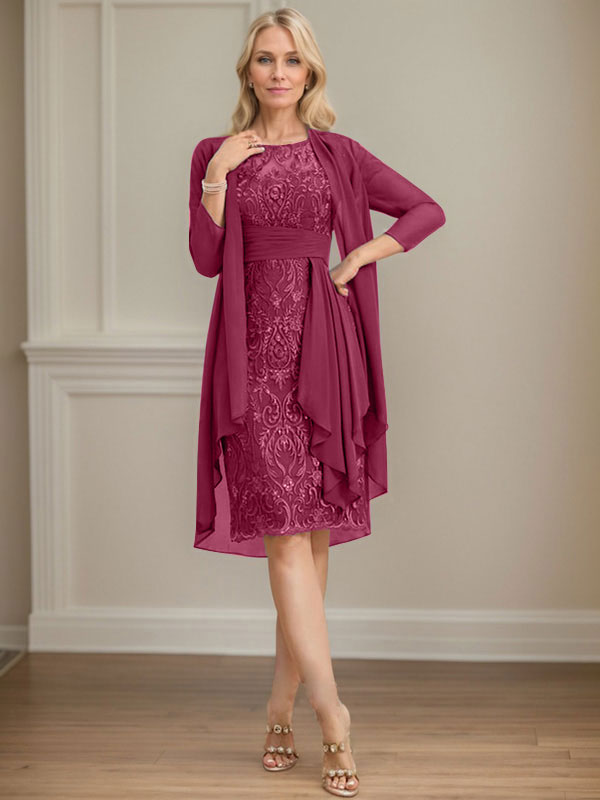 Column Scoop Illusion Knee-Length Lace Chiffon Mother of the Bride Dress With Cascading Ruffles Sequins