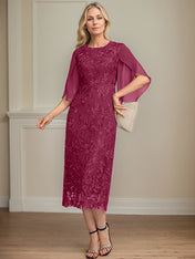Sheath/Column Scoop Tea-Length Lace Chiffon Mother of the Bride Dress