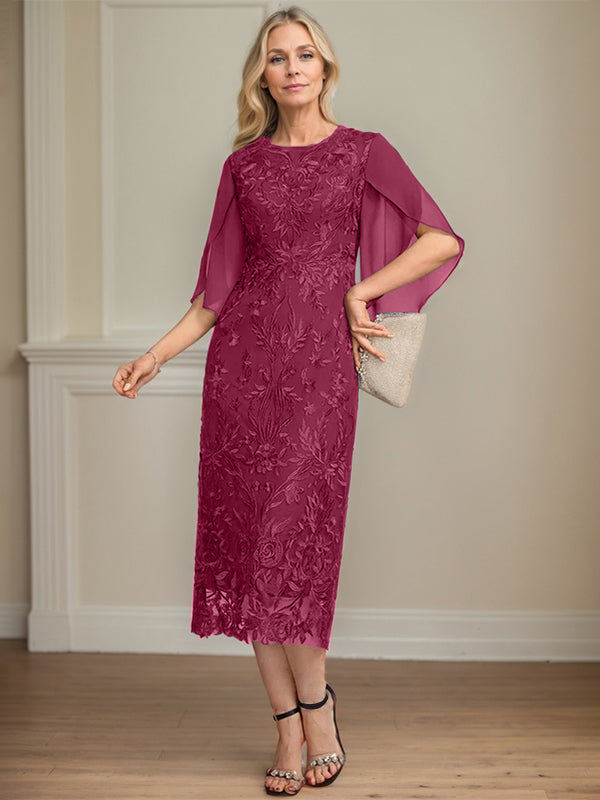 Column Scoop Tea-Length Lace Chiffon Mother of the Bride Dress