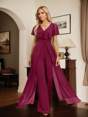 Jumpsuit/Pantsuit V-Neck Floor-Length Chiffon Evening Dress