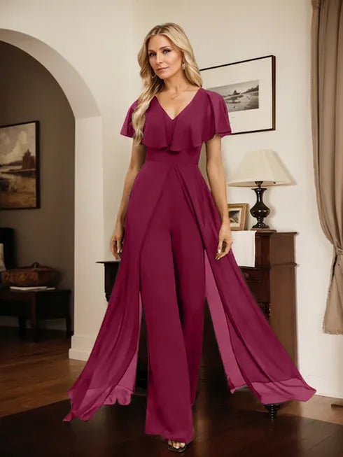 Pantsuit V-Neck Floor-Length Chiffon Evening Dress