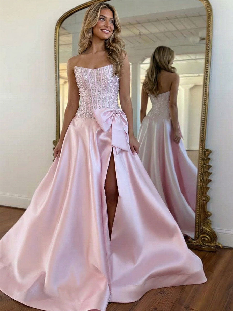 Chic Blush Pink Strapless Pearl Corset Bow Prom Dresses