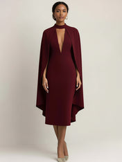 Chic Burgundy Midi Sheath Dress with Attached Flowing Cape