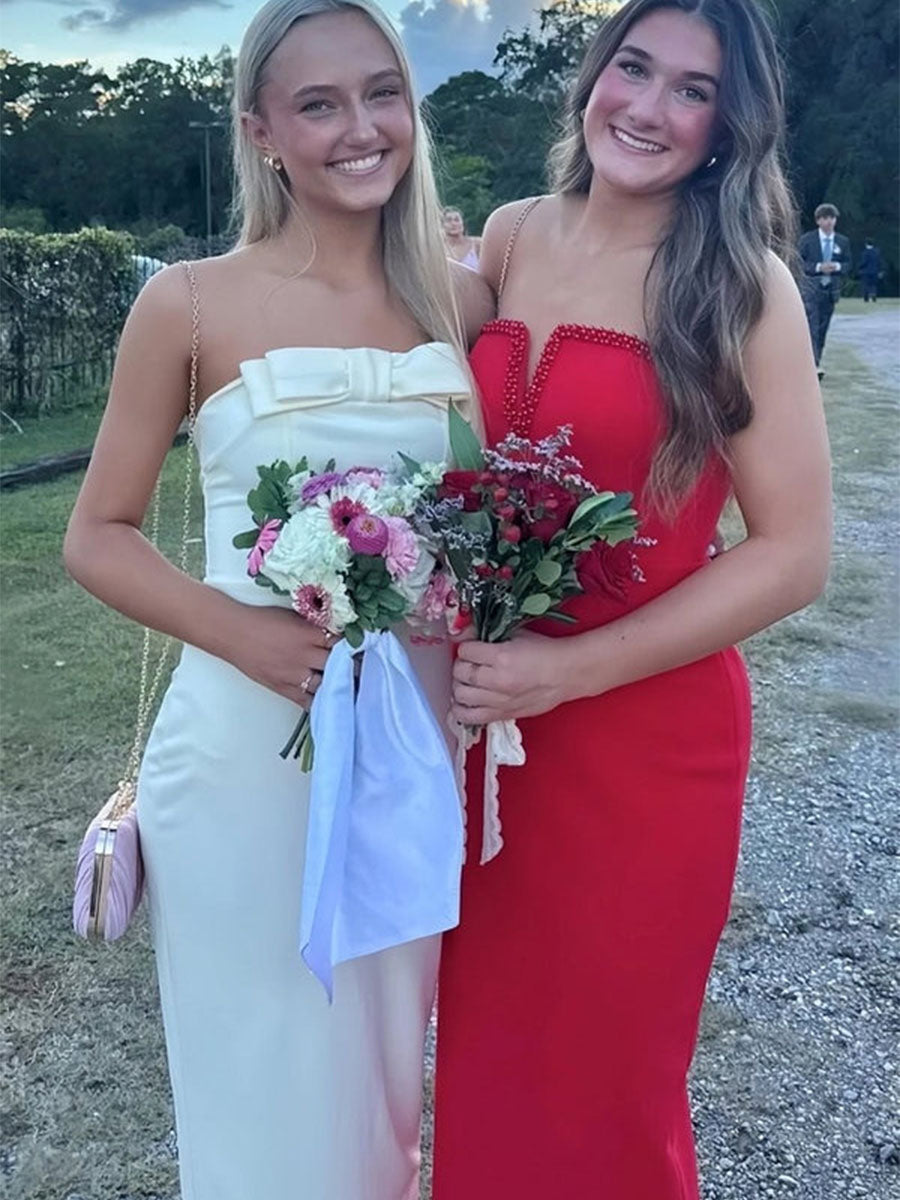Chic Ivory Strapless Sheath Prom Dress with Bow Detail