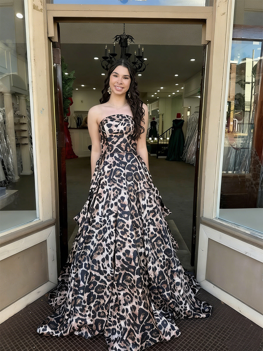 Chic Leopard Print Strapless Tiered A-Line Prom Dress