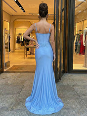 Chic Light Blue Satin Corset Prom Dress with Keyhole