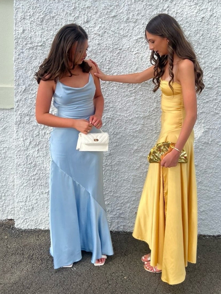 Chic Light Blue Satin Cowl Neck Mermaid Prom Dress