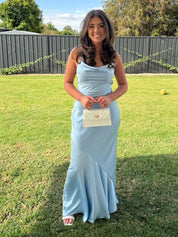 Chic Light Blue Satin Cowl Neck Mermaid Prom Dress