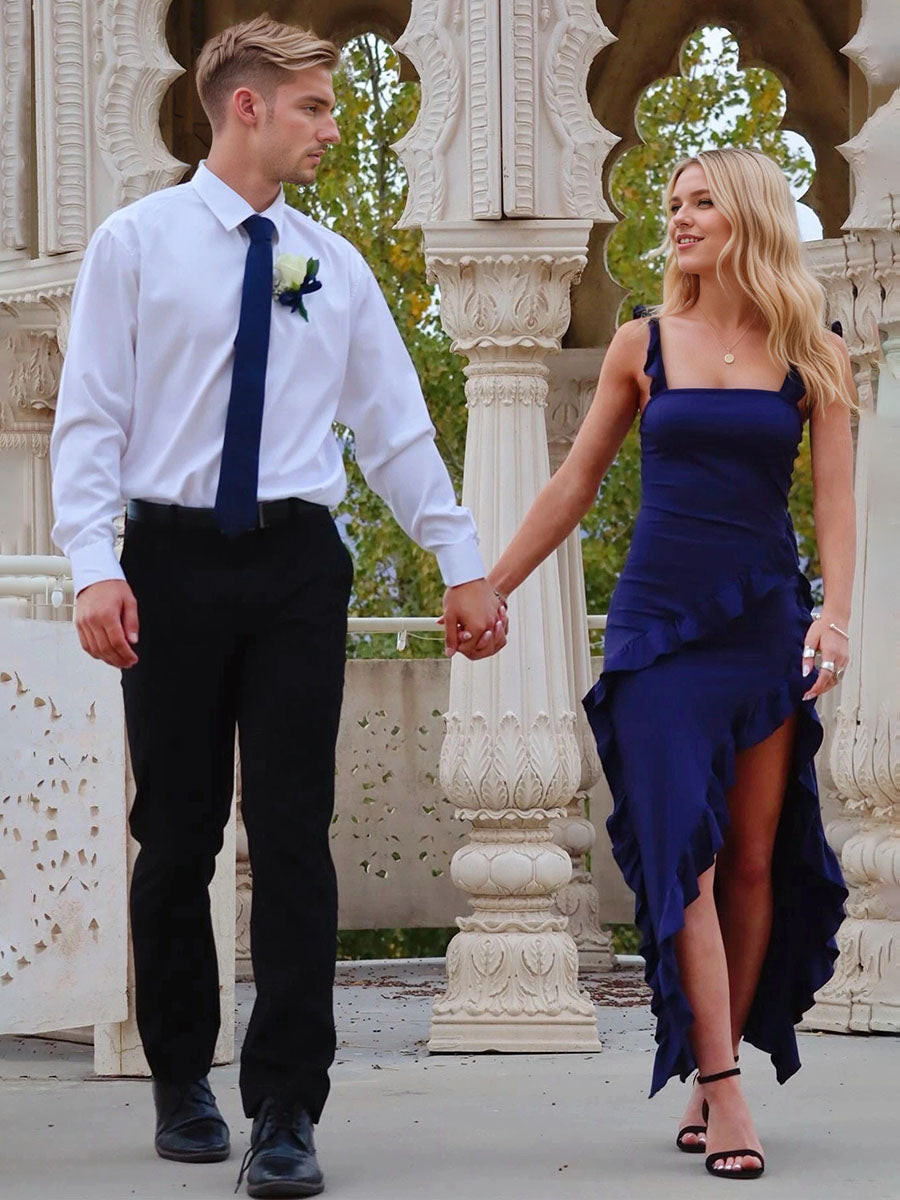 Chic Navy Blue Square Neck Ruffled Asymmetric Prom Dresses Gown