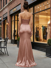 Chic Rose Gold Satin High Neck Ruched Prom Dress with Slit