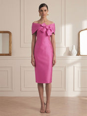 Chic Rose Red Off-the-Shoulder Bow Satin Sheath Midi Dress