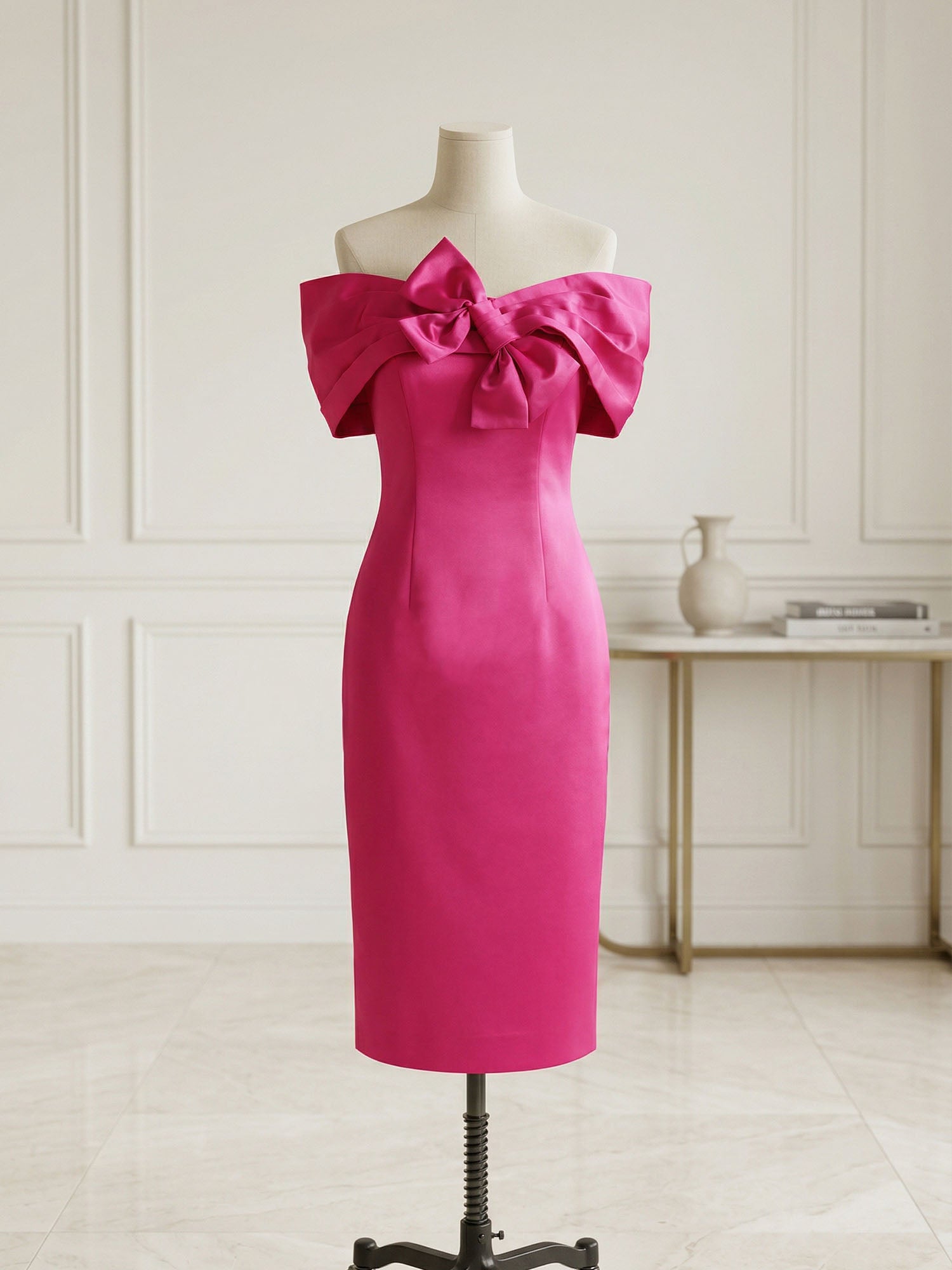 Chic Rose Red Off-the-Shoulder Bow Satin Sheath Midi Dress