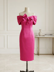 Chic Rose Red Off-the-Shoulder Bow Satin Sheath Midi Dress